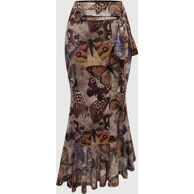 ROMWE Women Fairycore Tulle Bow Print Mermaid Retro Skirt