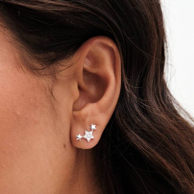 Simply Silver Cubic Zirconia Mini Star Climber Earrings, Silver