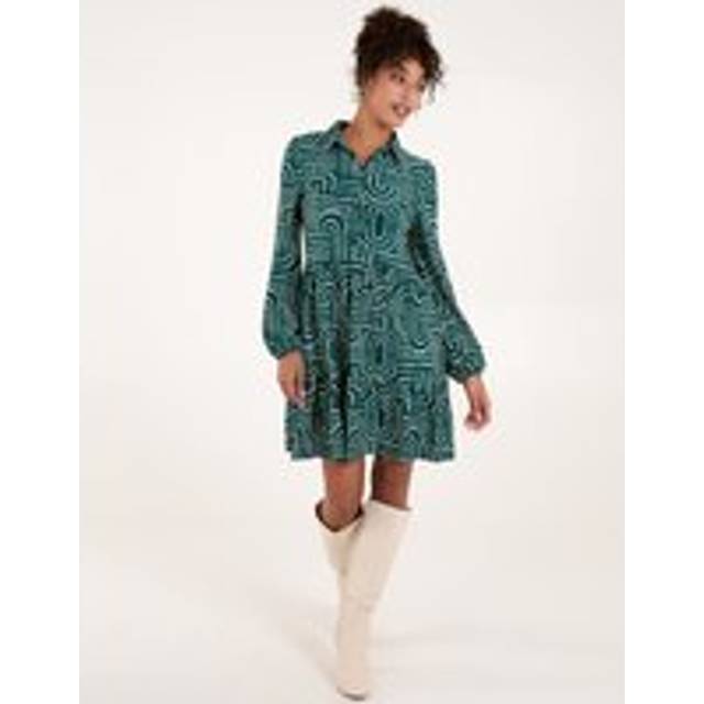 Geometric Button Front Smock Shirt Dress - S / GREEN