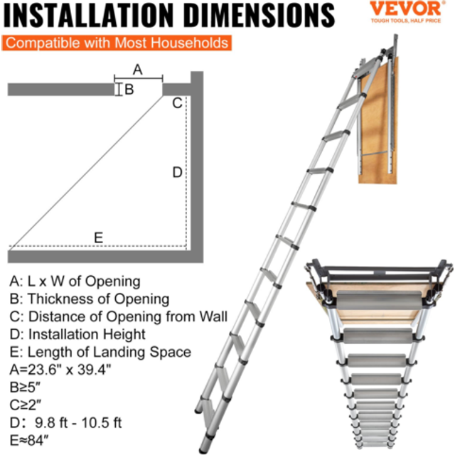 VEVOR Attic Ladder Telescoping, 350 pund kapacitet, 39,37" x 23,6", multifunktionsförlängning av aluminium, lätt och bärbar, passar 9,8'-10,5' takhöjder, bekväm åtkomst till din vindsplats