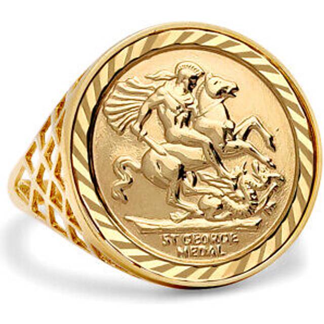 (S) Jewelco London Men&#39;s Solid 9ct Yellow Gold St George Dragon Slayer Basket Full-Sovereign-Size Ring