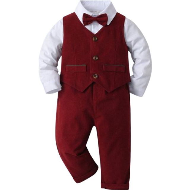 SHEIN 3-Piece Young Boys Gentleman Outfit Set: White Shirt With Bow Tie, Burgundy Vest, And Long Pants, Fashion Suitable For Birthday Party, New Year Gala,