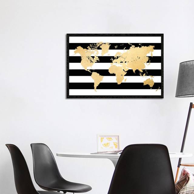 Gold And Black And White Stripes World Map by Blursbyai - Gallery- Giclée - Black Framed (101.6 cm H x 66.04 cm W)
