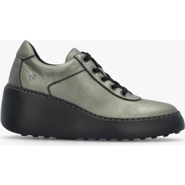 FLY LONDON Dipo Graphite Leather Wedge Trainers Size: 41, Colour: Pewter Metalic