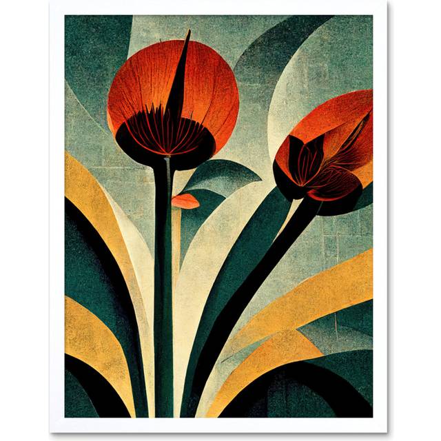 Single Art Deco Flower Artwork - Art Prints - White Framed Paper (25.9cm H x 20.6cm W)