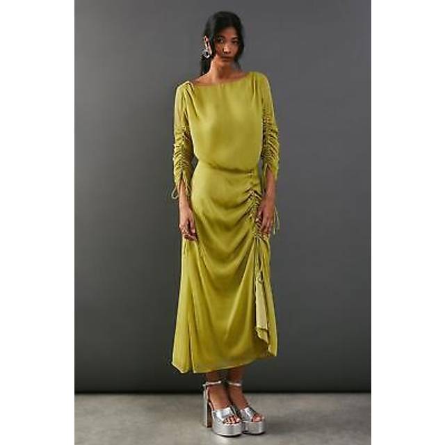 Warehouse Womens Chiffon Slash Neck Drawstring Detail Midi Dress - Yellow - Size 8 UK