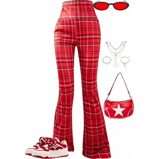 SHEIN 1pc Teen Girls Red Plaid Flared Pants, Christmas Trousers Autumn