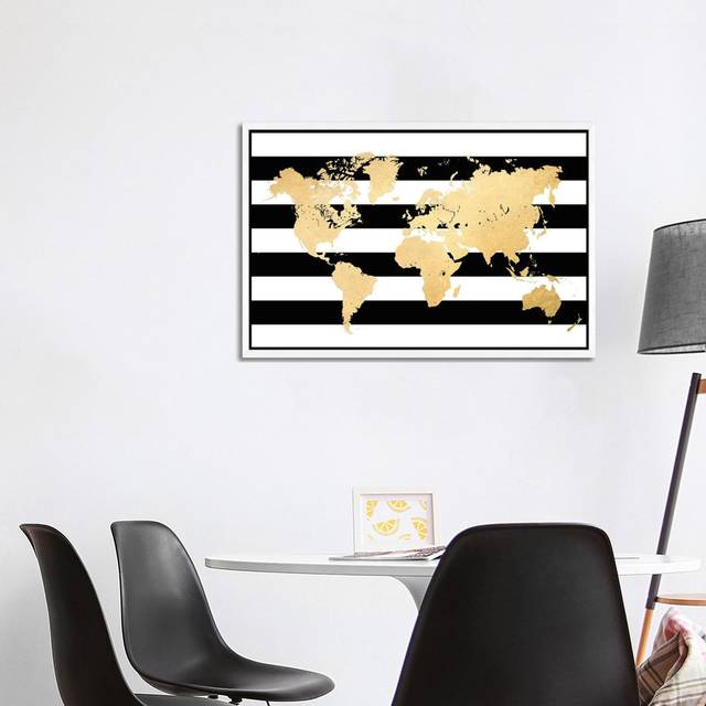 Gold And Black And White Stripes World Map by Blursbyai - Gallery- Giclée - White Framed (101.6 cm H x 66.04 cm W)