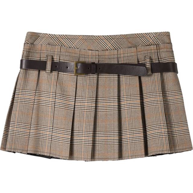 Bershka – Brunrutig, plisserad minikjol med boxershortsdetalj-Grå/a