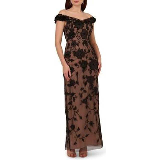 Off The Shoulder Beaded Column Gown With Rosette Accents In Black Rosegold - Black/Rosegold - 0
