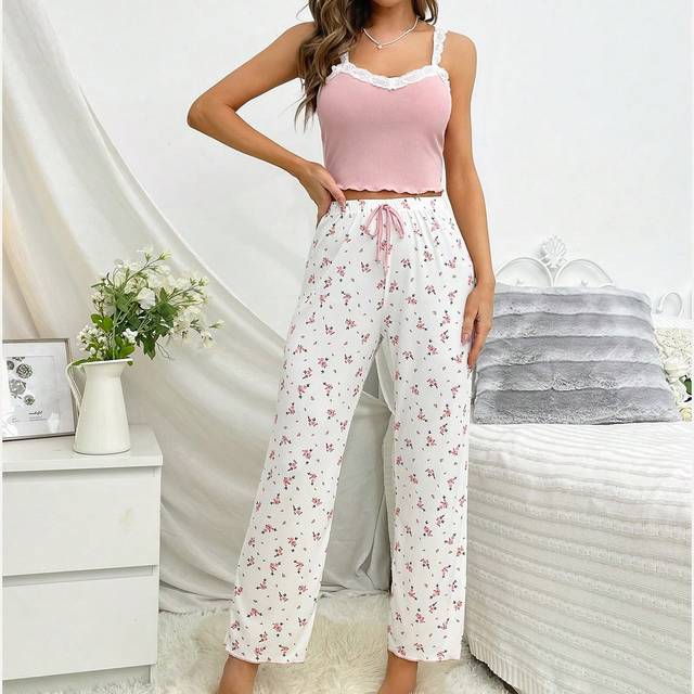 SHEIN Lace Trim Cami Top & Floral Print Pants PJ Set / Pajama Set Bridallingerie