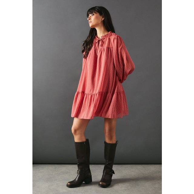 Warehouse Womens Dobby Chiffon Tie Neck Drop Hem Mini Smock Dress - Rose - Size 6 UK