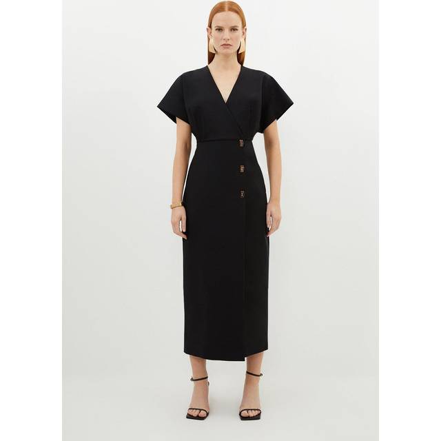 Techno Cotton Woven Midi Dress With Gold Clasp - Black