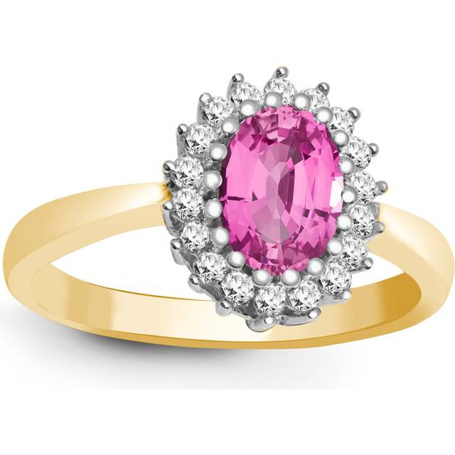 (Q) Jewelco London 9ct Yellow Gold H I2 0.23ct Diamond and Oval Pink 1.06ct Sapphire Classic Royal Cluster Ring 11mm