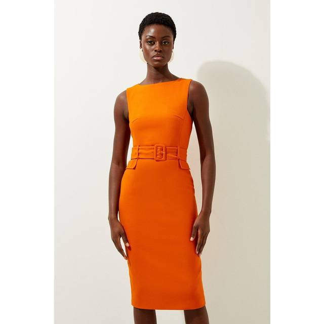 Compact Stretch Belted Tailored Midi Pencil Dress - Orange