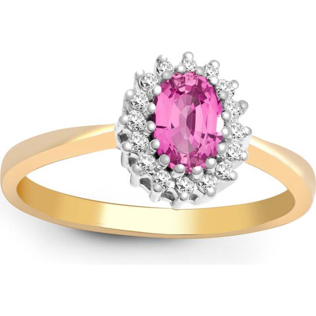 (Q) Jewelco London 9ct Yellow Gold H I2 0.12ct Diamond and Oval Pink 0.68ct Sapphire Classic Royal Cluster Ring 9mm
