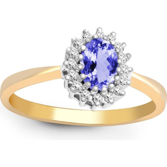 (J) Jewelco London 9ct Yellow Gold H I2 0.12ct Diamond and Oval Lilac 0.55ct Tanzanite Classic Royal Cluster Ring 9mm