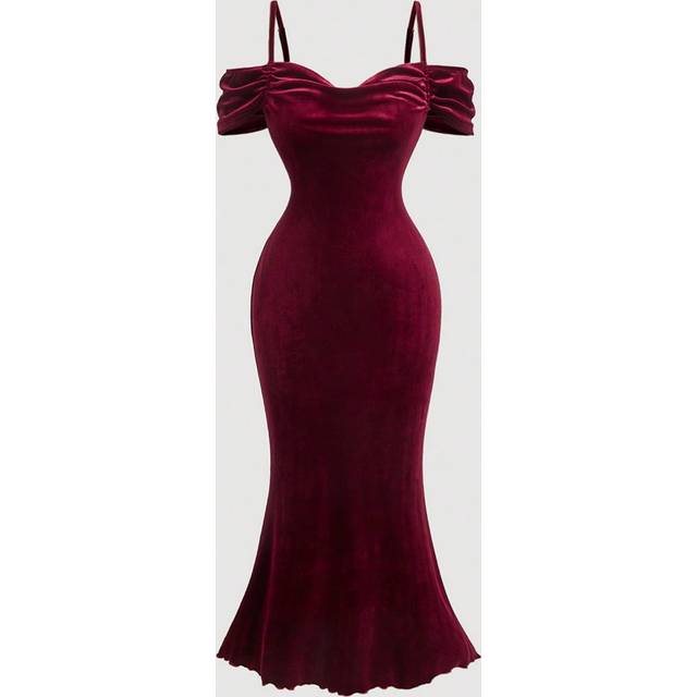 SHEIN Red Satin Open Shoulder Ruffle Sleeve Fitted Mermaid Dress,New Year Women Dress,Masquerade Ball Dress,Sexy Red Dress,Fairy Costume Dress,Fairy Dress,S