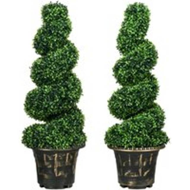 HOMCOM Set Of 2 Potted Artificial Plants, Topiary Spiral Boxwood Trees, 90cm, Green
