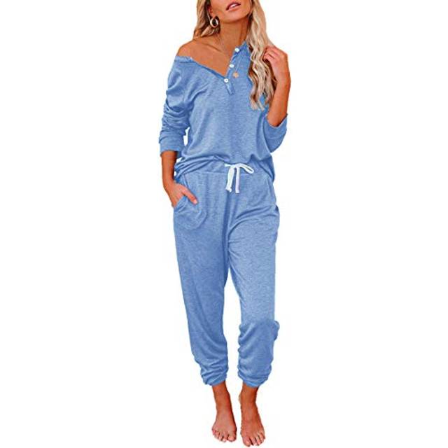 AUTOMET Womens 2 Piece Outfits Pajamas Sets Fall Lounge Sets Loungewear Sweatsuits with Sweatpants Light Blue S