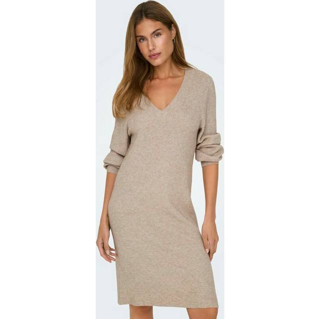 Women's long sleeve V-neck sweater dress Only Katia - Marron