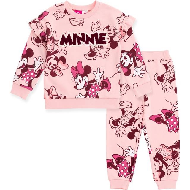 Disney Minnie Mouse Toddler Girls Fleece Drop Shoulder Sweatshirt and Jogger Pants Outfit Set Coral Pink 2T