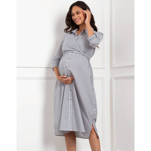Cotton-Blend Stripe Maternity + Nursing Shirt Dress