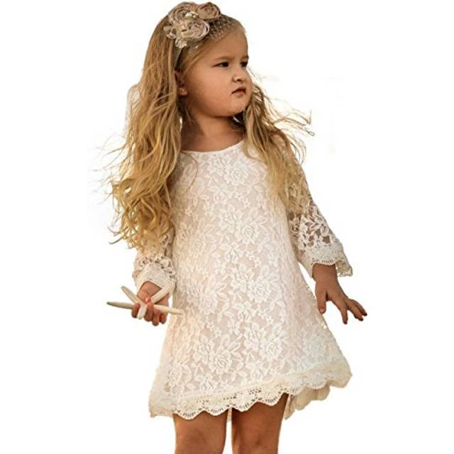 APRIL GIRL Flower Girl Dress  Lace Dress 3/4 Sleeve Dress (White  7-8