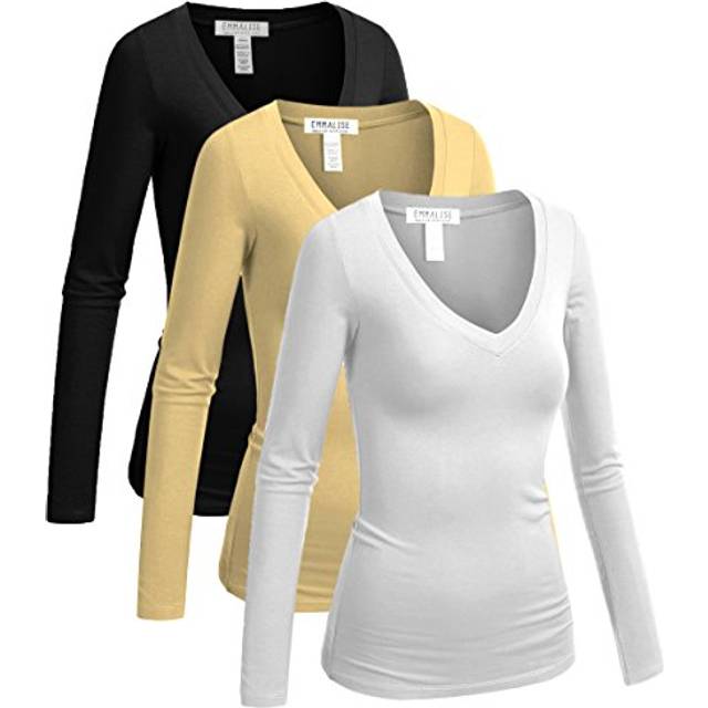 Emmalise Long Sleeve V Neck T Shirt Women Tee - 3pk-white black taupe