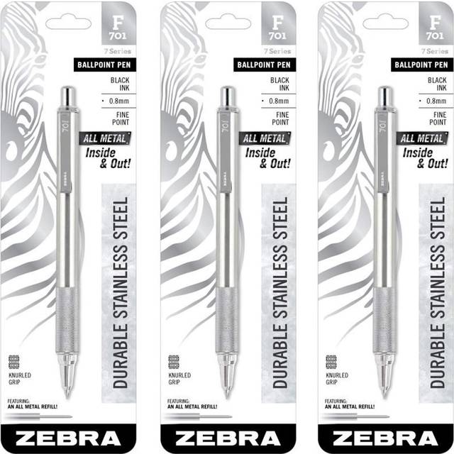 Zebra Pen 29411 Model F-701 Pack of 3 All Metal Retractable Ballpoint Pens; Heavy Duty Stainless Steel Barrel; Fine Point; 0.8mm; Black Ink