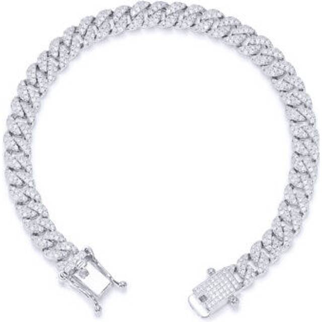 Jewelco London Rhodium Silver Round CZ Encrusted Cuban Curb 6mm Chain Bracelet 7.75&#34; 195mm - ABB198-7.5