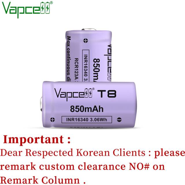 Vapcell original 16340 850 mah 3a t8 3.7v li ion batteri laddningsbara knapp toppbatterier för ficklampa elverktyg hkj test