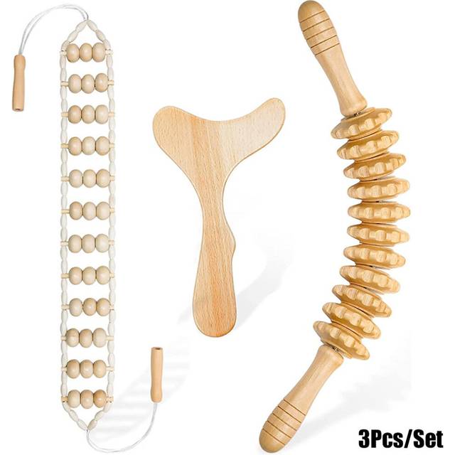 (a-Red) Wooden Curved Massage Roller Stick Wood Therapy Massage Tools Maderoterapia Kit Anti Cellulite Lymphatic Drainage Massager