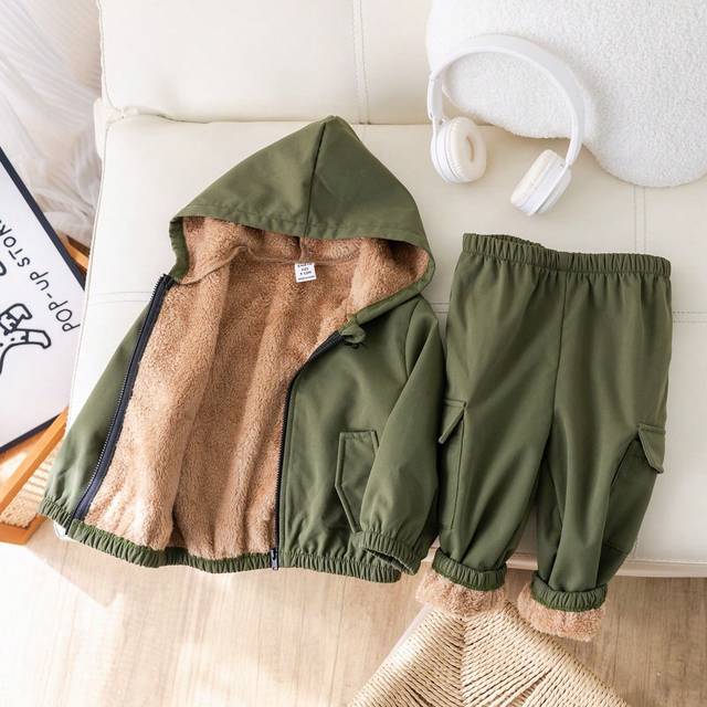 SHEIN 2pcs Baby Boy Dinosaur Pattern Hooded Cardigan And Drawstring Pants Set
