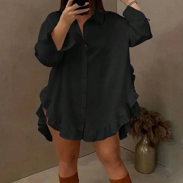SHEIN Plus Size Women Ruffled Collar Long Sleeve Blouse, Fall Clothes Women Shirt