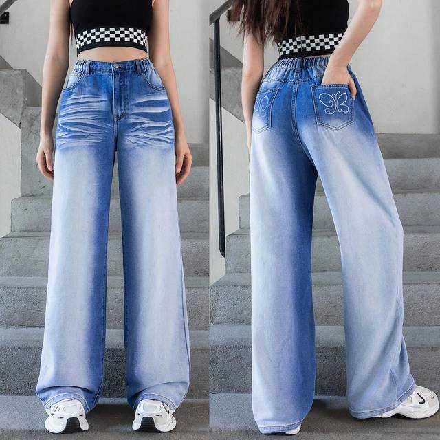 SHEIN Teenage Girls Casual Ombre Washed Straight-Leg Jeans