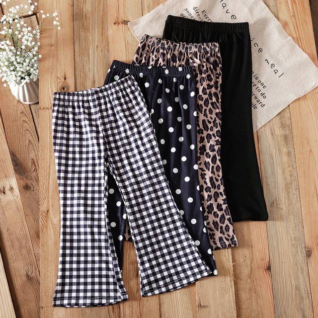 SHEIN Young Girls Plaid, Polka Dot And Leopard Print Flared Pants, Spring/Summer 2024 New Arrival Versatile Casual Trousers