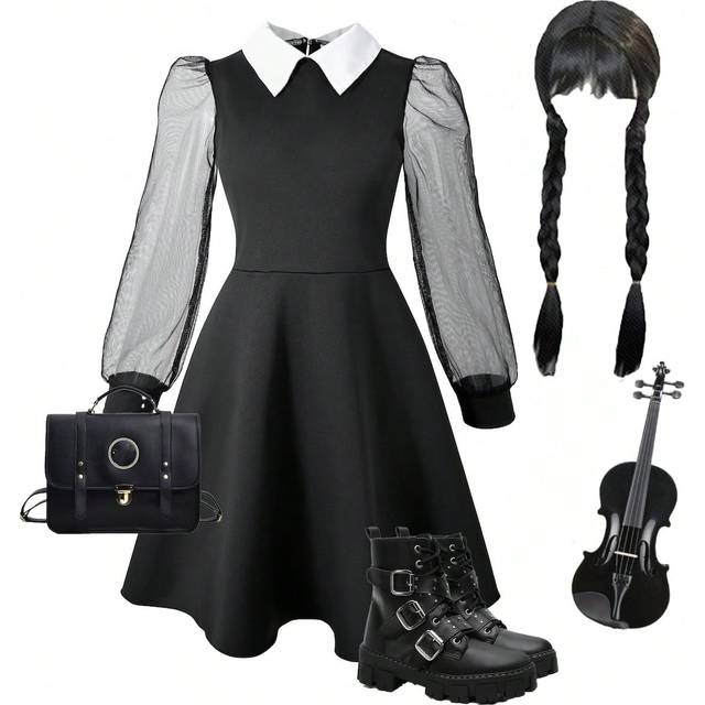 SHEIN 1pc Tween Girl &#34;Wednesday&#34; Collar Contrast Black Mesh Splice Long Sleeve Dress, Mesh Puff Sleeve Skirt, Autumn (Skirt Only)