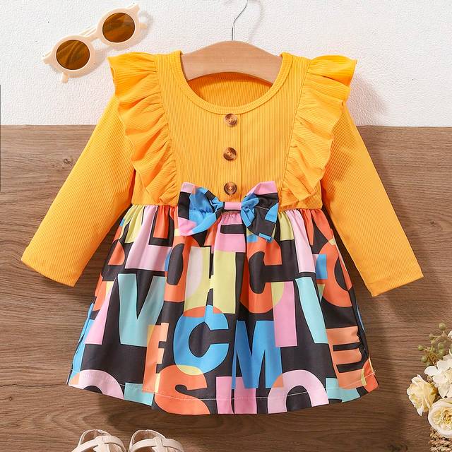 SHEIN Infant Girls&#39; Fashion Cute Letter Print Bow Ruffle Trim Long Sleeve Dress, Autumn-Winter