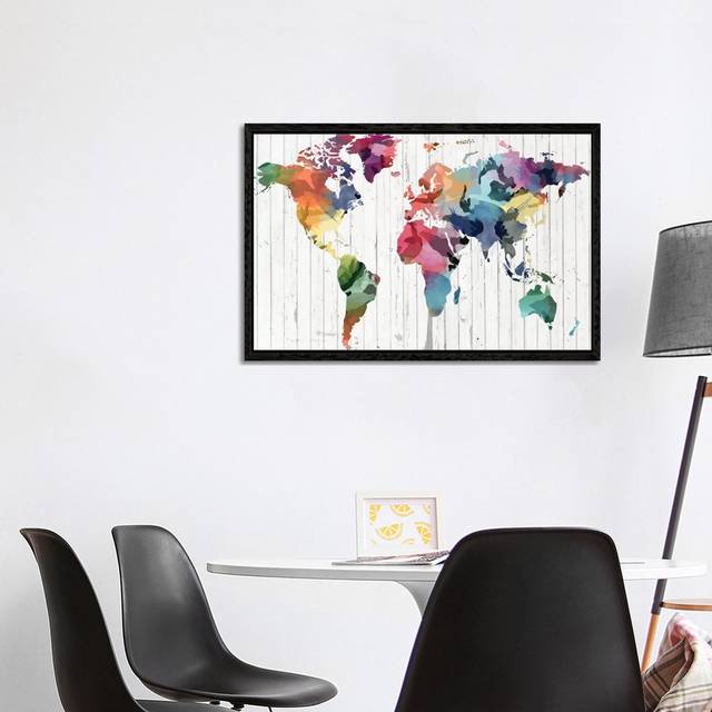'Wood Watercolor World Map' Graphic Art on Wrapped Canvas - Black Framed (101.6 cm H x 66.04 cm W)