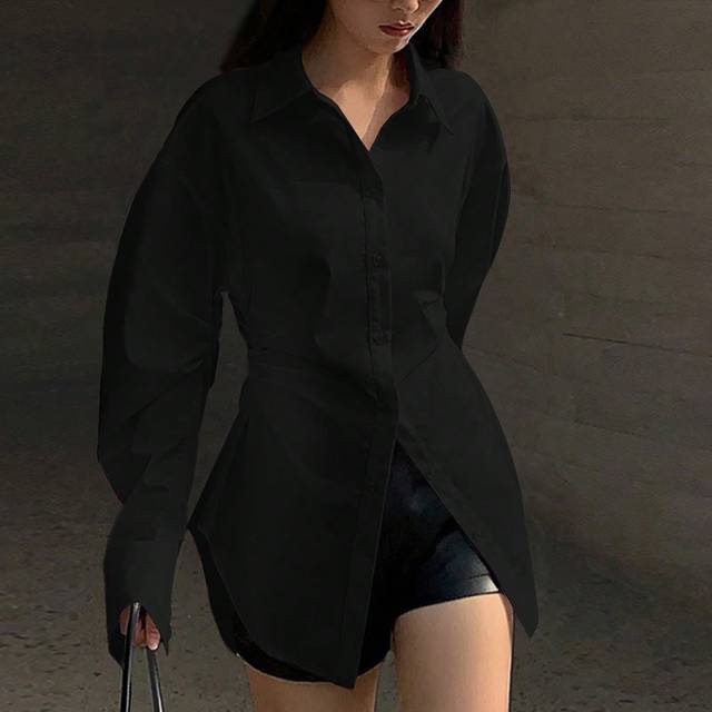 Calvaya Women&#39;s Solid Color Long Sleeve Waisted Elegant Vacation Blouse Women Shirt