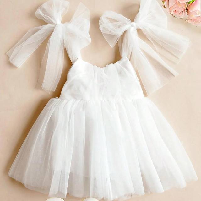 SHEIN 1pc Young Girl Cute Elegant, Sweet Princess Ruffled Bow Decor Tulle Tutu Dress, Suitable For Birthday, Party, Wedding, Holiday, All Seasons