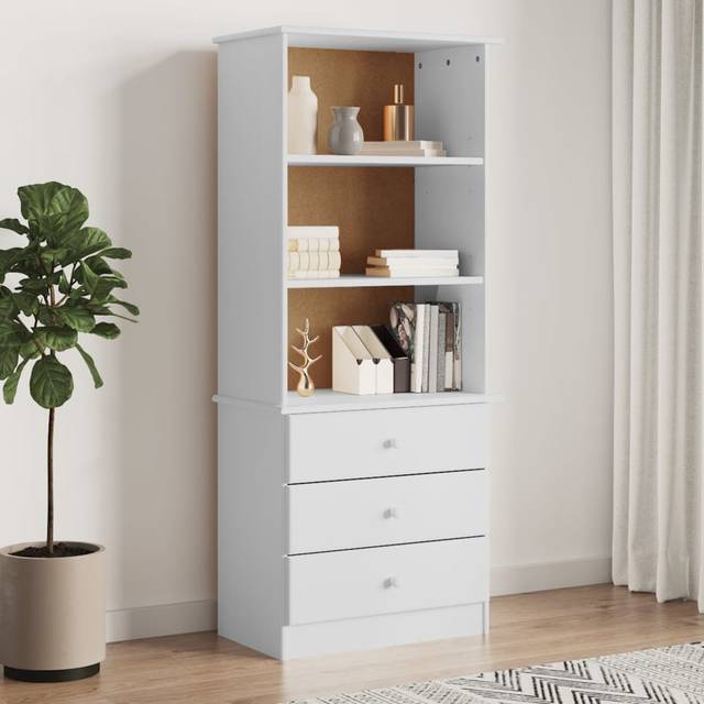 Latitude Run Bookcase With Drawers ALTA 60X35x142 Cm Solid Wood Pine - White (142cm H X 60cm W X 35cm D)