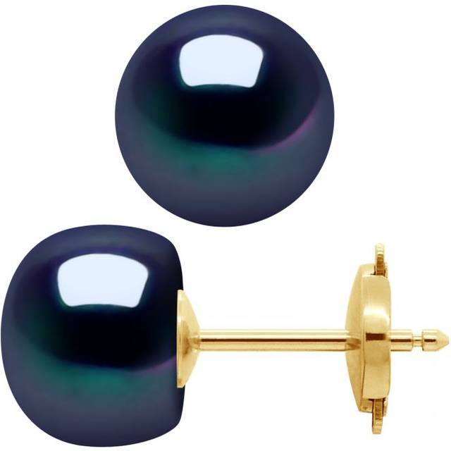 Diadema Womens - Earrings Yellow Gold and Real Freshwater Pearls - Black Tahitian Style - One Size