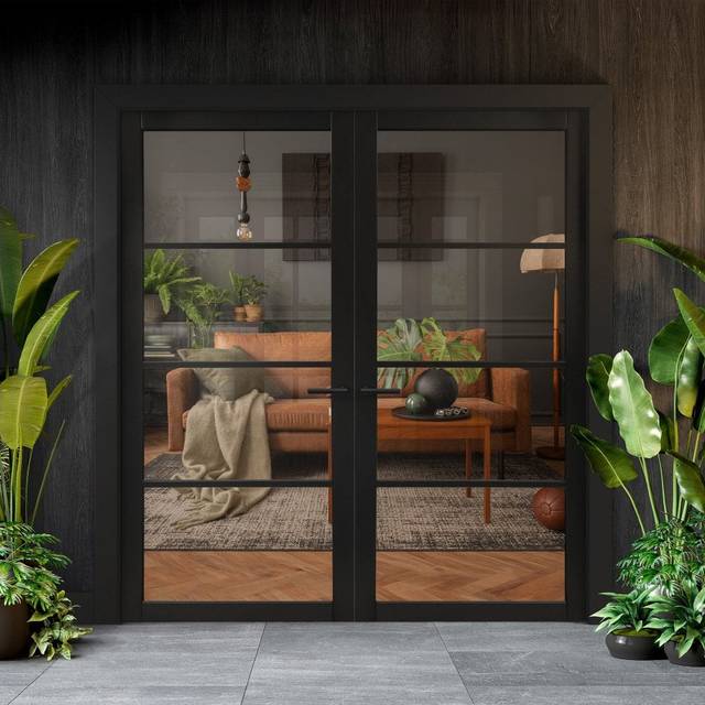 Liberty Doors Black Internal Fully Finished Industrial Studio 4 Light Clear Glass Pair Door (121351) - 1981x1372x35mm (78&apos;&apos;x54&apos;&apos;)