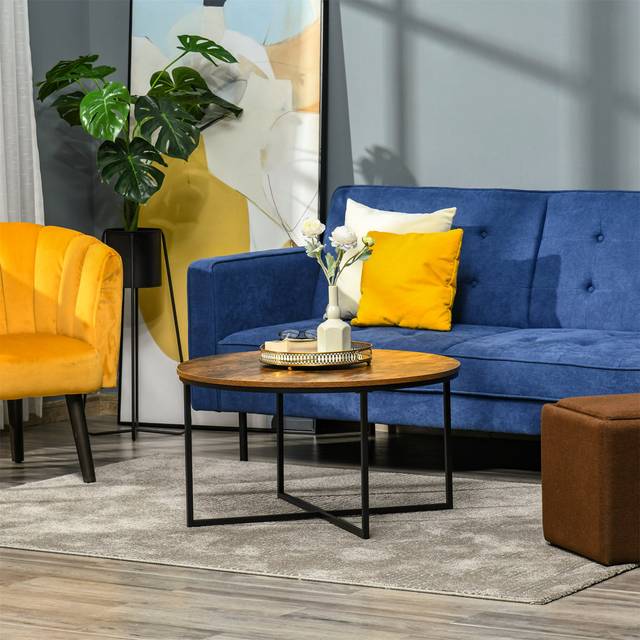 Industrial Round Coffee Table With Metal Frame - Brown (45cm H X 80cm W X 80cm D)