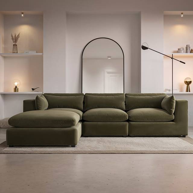 Large Khaki Green Velvet Reversible 4 Seater Chaise Corner Sofa - Hudson