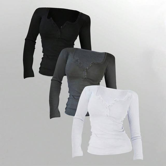 INAWLY Women&#39;s Solid Color Button Front Long Sleeve Casual T-Shirt, Spring Summer