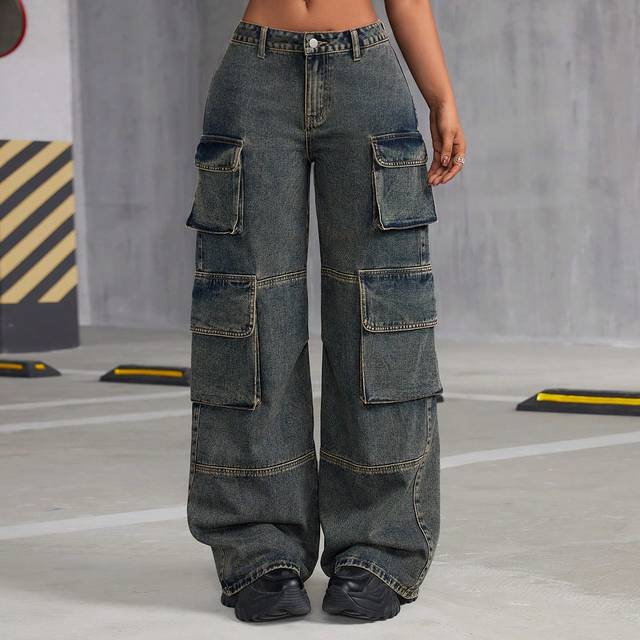 SHEIN Women&#39;s Retro Wide Leg Loose Fit Casual Denim Work Utility Baggy Jean