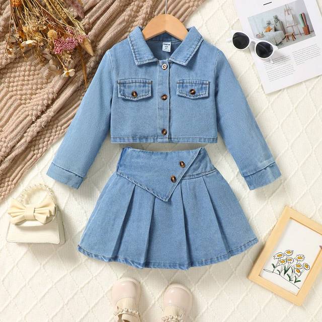 SHEIN 2pcs Young Girl Casual College Style Everyday Matching Set - Blue Washed Denim Long Sleeve Top And Blue Washed Denim Pleated Skirt, Fall/Winter 2024 N